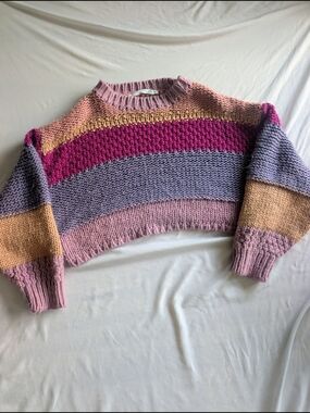 Altar'd State Cropped Striped Crewneck Sweater in Pink, Lavender & Gold